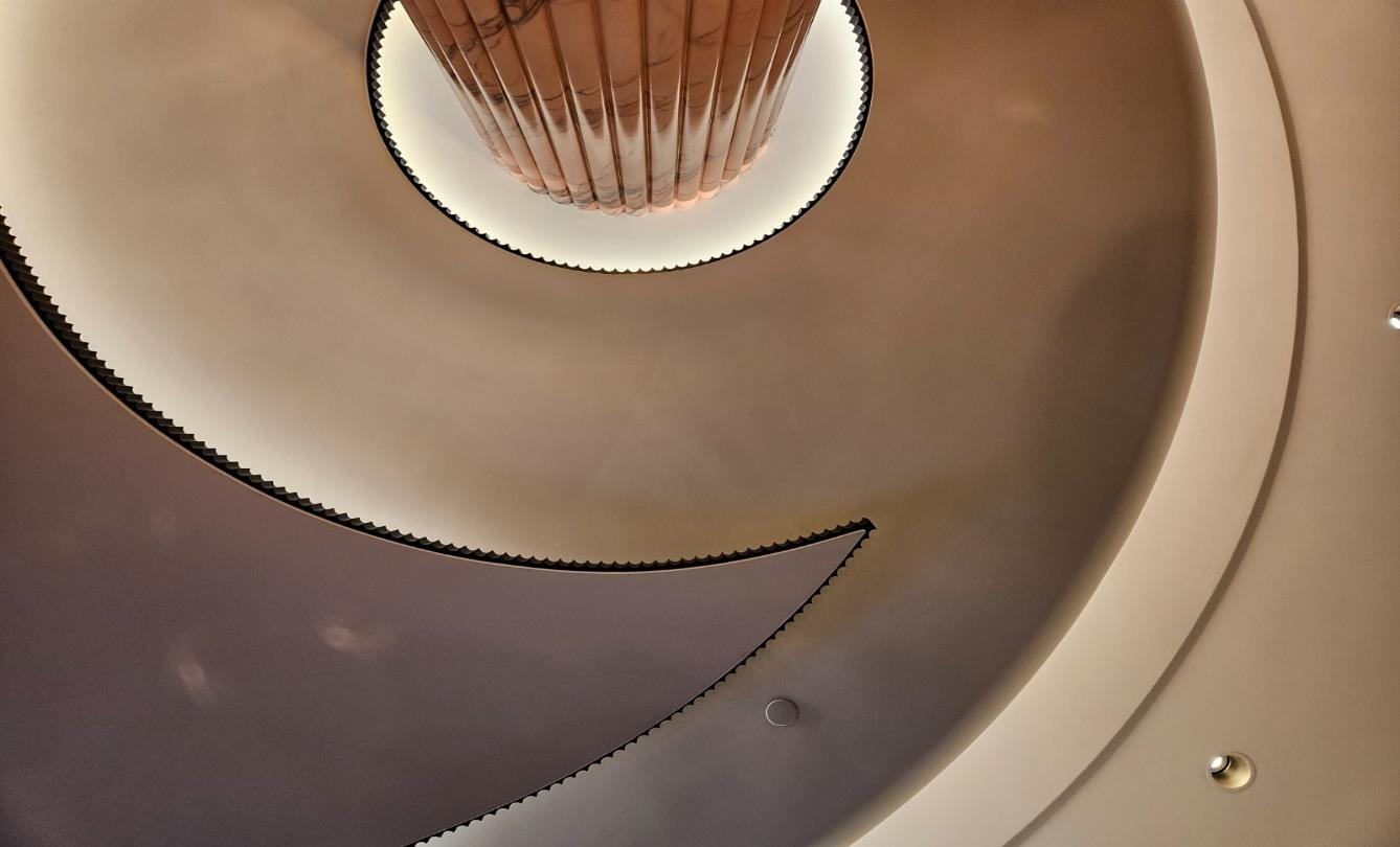Close view of a layered decorative gypsum ceiling detail
