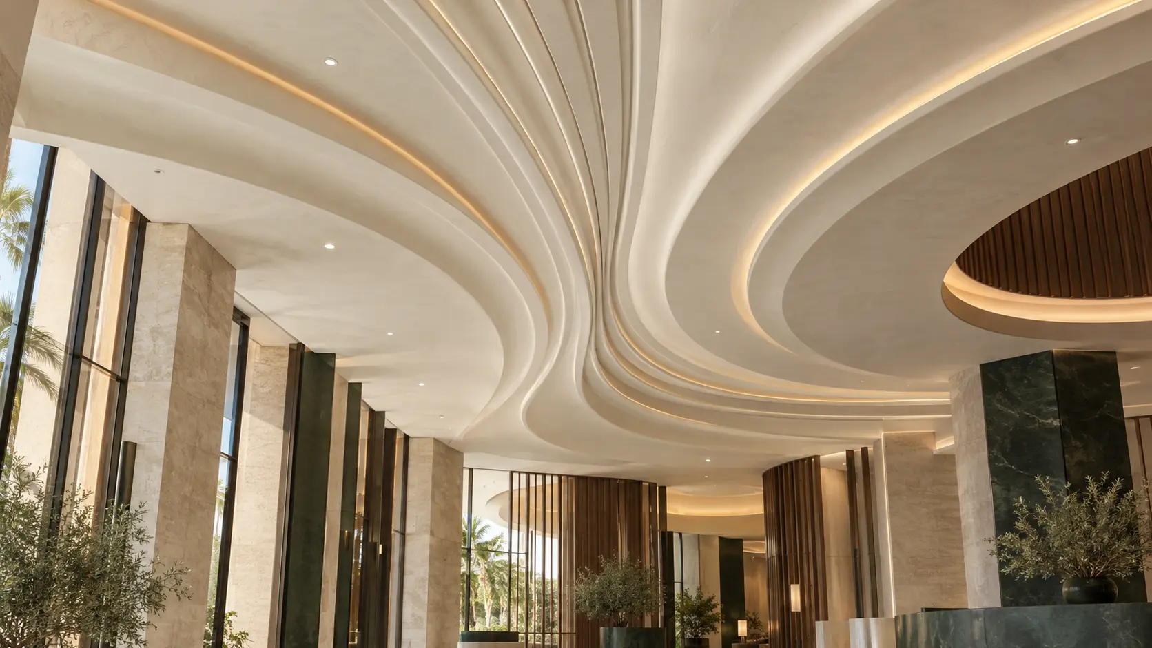 Illustrative flowing sculptural GRG ceiling with integrated lighting